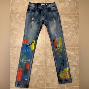 FWRD slim fit graffiti print distressed denim jeans
